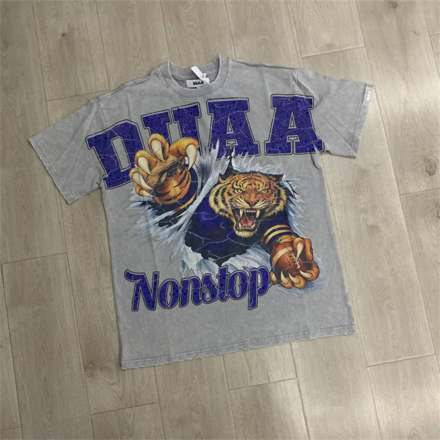 DUAA White Ink Tiger Graphic Rhinestone Cotton T-Shirt