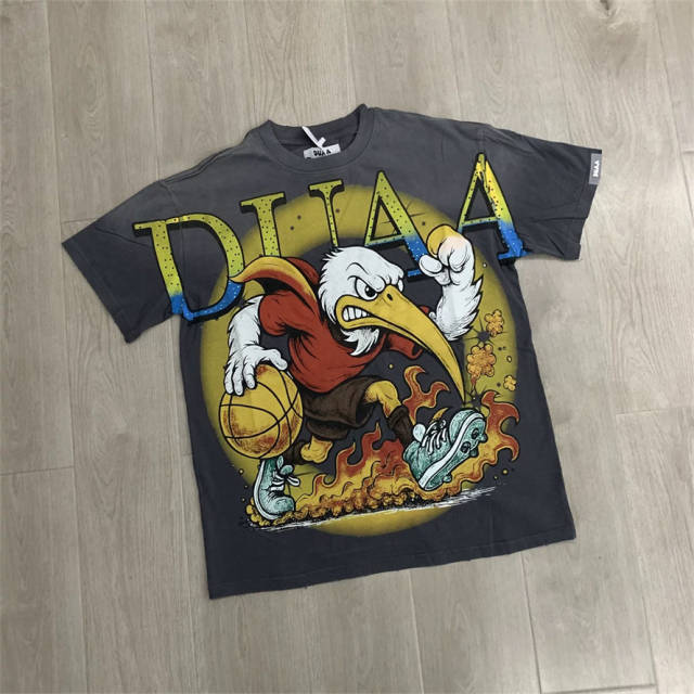 DUAA Cartoon Eagle Rhinestone Distressed Cotton T-Shirt