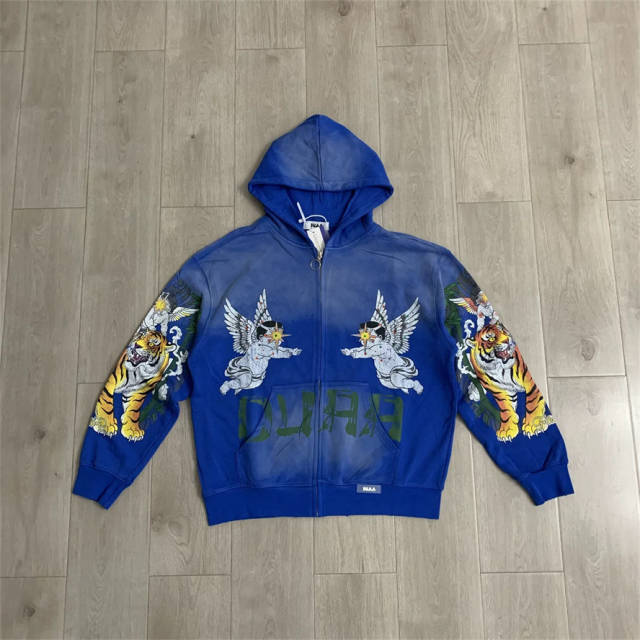 DUAA Blue Tiger Graphic Rhinestone Vintage Zip-Up Hoodie