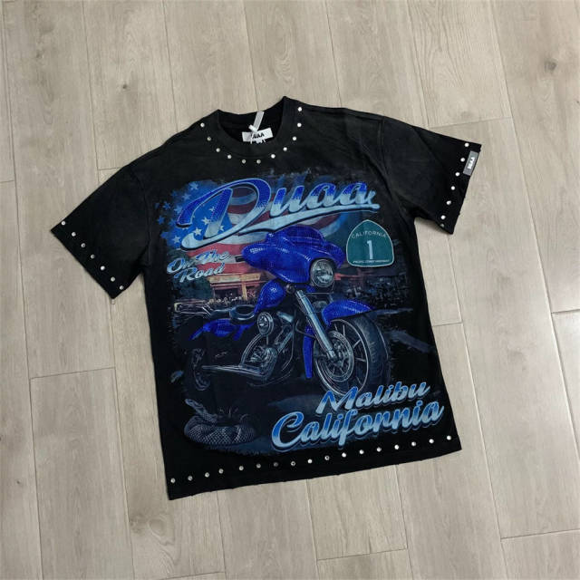 DUAA Vintage Motorcycle Rhinestone Washed Cotton T-Shirt