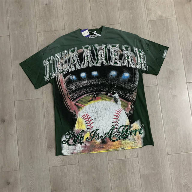 DUAA Washed Raw Hem Rhinestone Distressed Streetwear T-Shirt