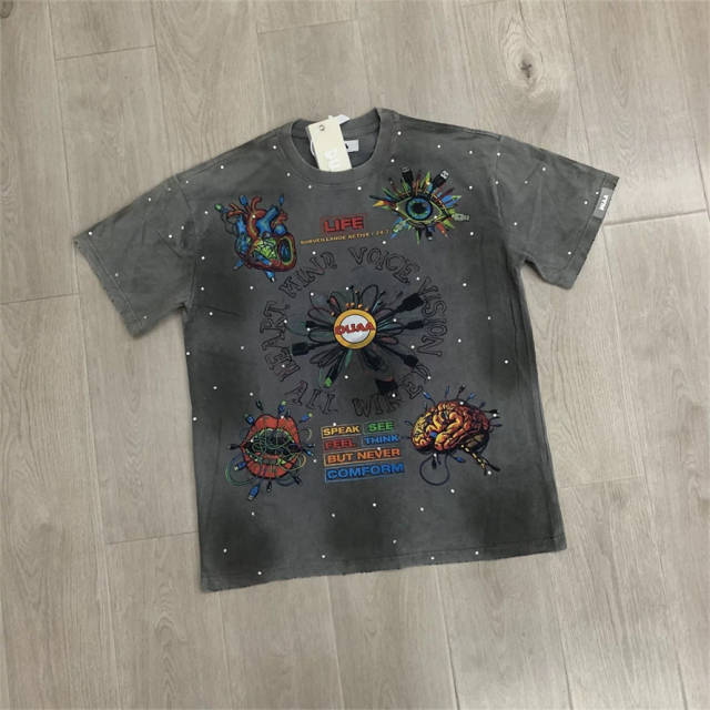 DUAA Vintage Distressed Rhinestone Graphic Cotton T-Shirt