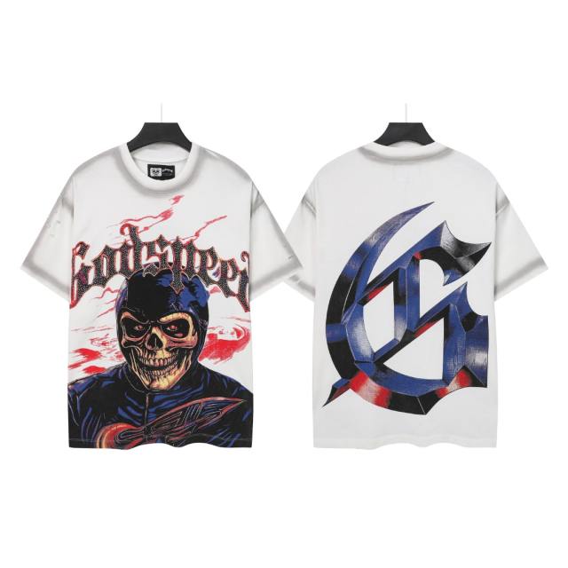 Vintage Red Flame Racing Driver Skull Rhinestone Gothic Letter Distressed Print T-shirt 29052409