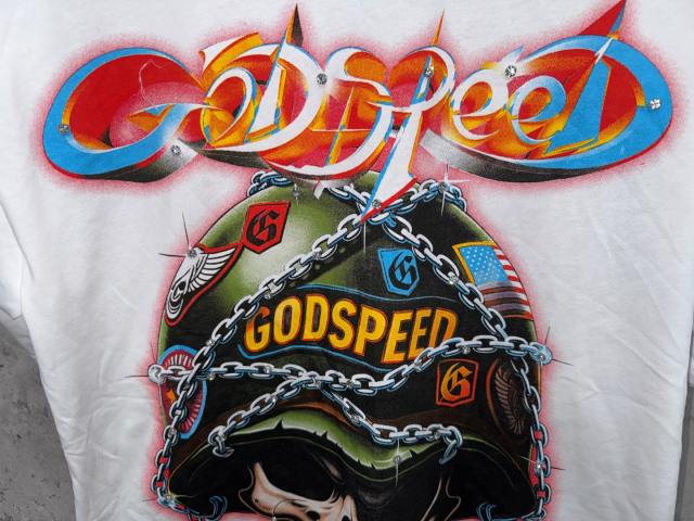 Vintage military style steel helmet skull 3D gradient slogan distressed T-shirt 29053409