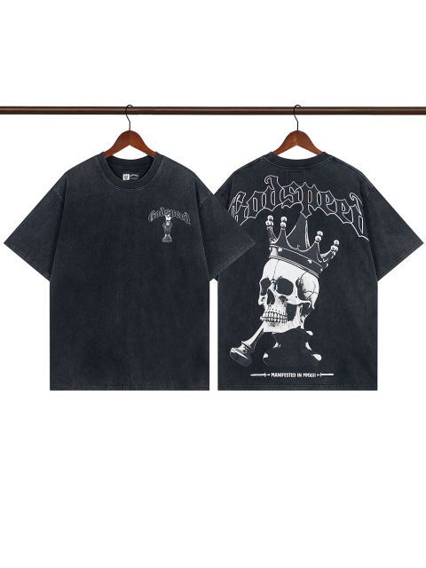 1:1 quality version Godspeed Skull & Crown Print Washed Version Tee