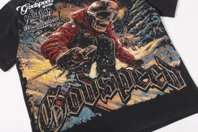 Skiing skeleton knight winter snow mountain vintage black short-sleeved T-shirt 29052471