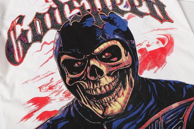 Vintage Red Flame Racing Driver Skull Rhinestone Gothic Letter Distressed Print T-shirt 29052409