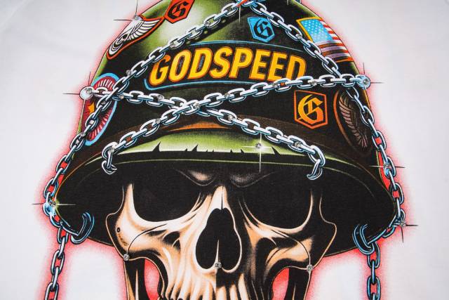 Vintage military style steel helmet skull 3D gradient slogan distressed T-shirt 29053409