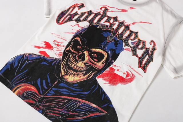 Vintage Red Flame Racing Driver Skull Rhinestone Gothic Letter Distressed Print T-shirt 29052409