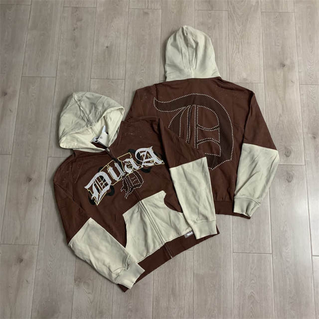 DUAA Studded Rhinestone Patchwork Distressed Hoodie