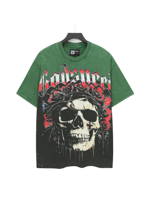 [Buy Two Get One Free]Skull with Rose Wreath Print Washed Version Tee 3 colors 28494382