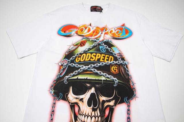 Vintage military style steel helmet skull 3D gradient slogan distressed T-shirt 29053409