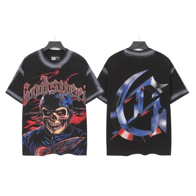 Vintage Red Flame Racing Driver Skull Rhinestone Gothic Letter Distressed Print T-shirt 29052409