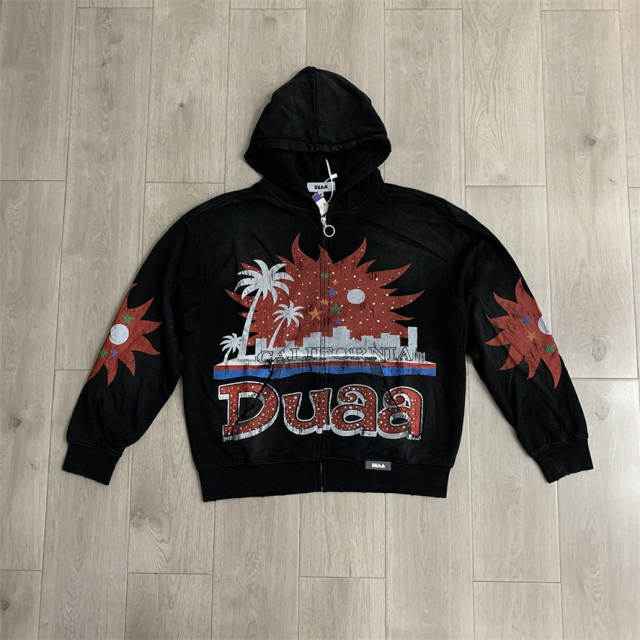 DUAA Rhinestone Applique Embroidered Distressed Hoodie
