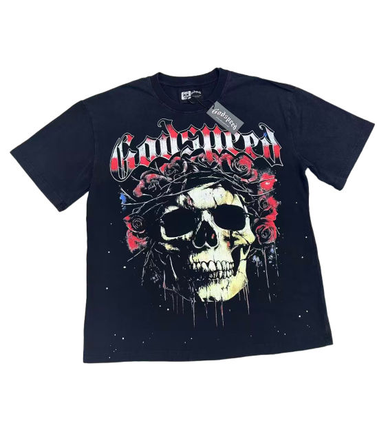 [Buy Two Get One Free]Skull with Rose Wreath Print Washed Version Tee 3 colors 28494382