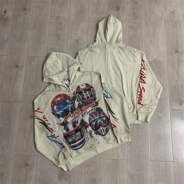 DUAA Beige Velocity Rhinestone Washed Distressed Hoodie