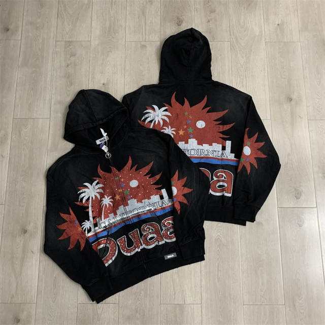 DUAA Rhinestone Applique Embroidered Distressed Hoodie