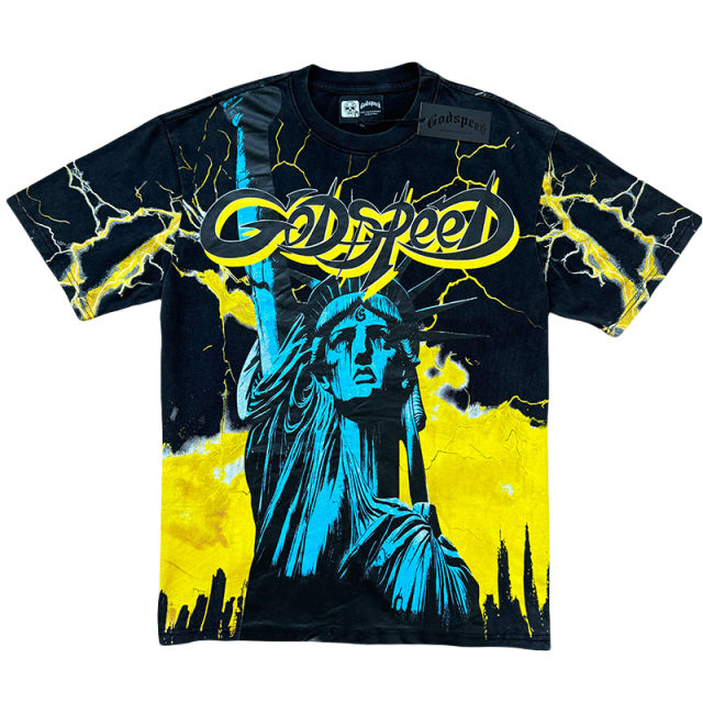 28313135 Lightning Statue of Liberty Sculpture Printed Washed Version Tee 3 colors