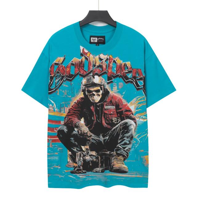 Skeleton Locomotive Mechanic Lake Blue Double-sided Printed Short-sleeved T-shirt 29051349