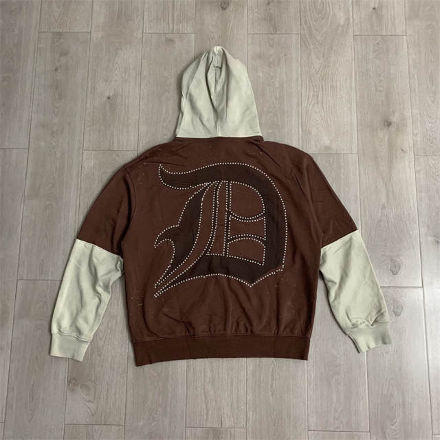 DUAA Studded Rhinestone Patchwork Distressed Hoodie