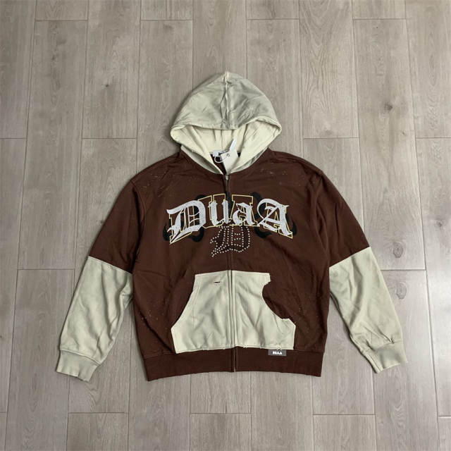 DUAA Studded Rhinestone Patchwork Distressed Hoodie