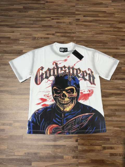 Vintage Red Flame Racing Driver Skull Rhinestone Gothic Letter Distressed Print T-shirt 29052409