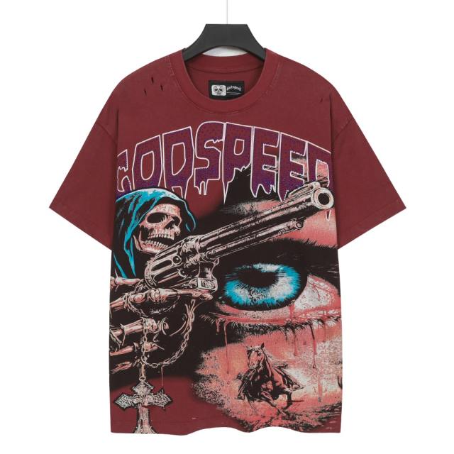 Reaper Pistol War Horse Black and Red Dual-Color Distressed Short-Sleeve T-Shirt 2 colors 29052451
