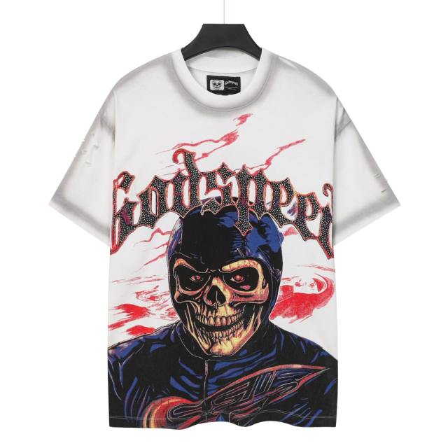 Vintage Red Flame Racing Driver Skull Rhinestone Gothic Letter Distressed Print T-shirt 29052409