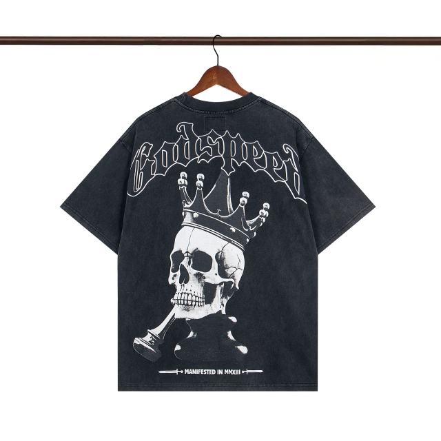 1:1 quality version Godspeed Skull & Crown Print Washed Version Tee