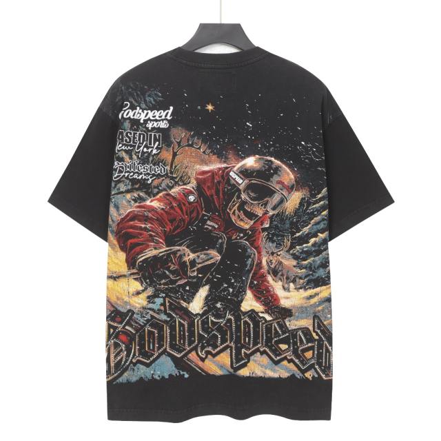 Skiing skeleton knight winter snow mountain vintage black short-sleeved T-shirt 29052471