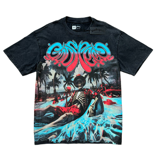 28470961 Skull Seaside Vacation Print Washed Version Tee 2 colors