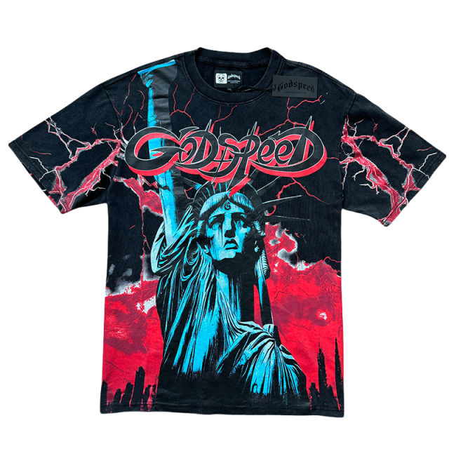 28313135 Lightning Statue of Liberty Sculpture Printed Washed Version Tee 3 colors