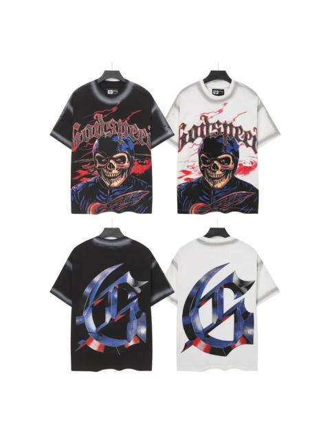 Vintage Red Flame Racing Driver Skull Rhinestone Gothic Letter Distressed Print T-shirt 29052409