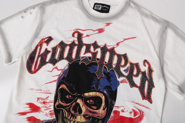 Vintage Red Flame Racing Driver Skull Rhinestone Gothic Letter Distressed Print T-shirt 29052409