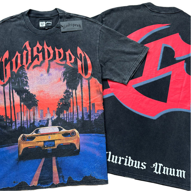 28326463 Luxury Car Sunset Street Scene Printed Washed Version Tee 2 colors