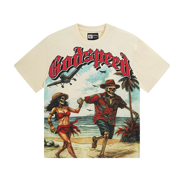 28298502 Seaside Vacation Couple Skull Print Washed Version Tee 2 colors