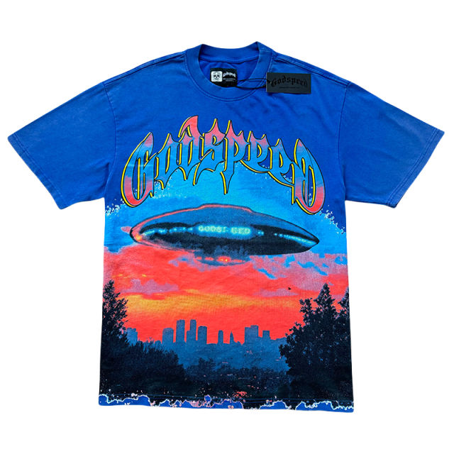 28286694 UFO Sunset Scene Printed Washed Version Tee 3 colors