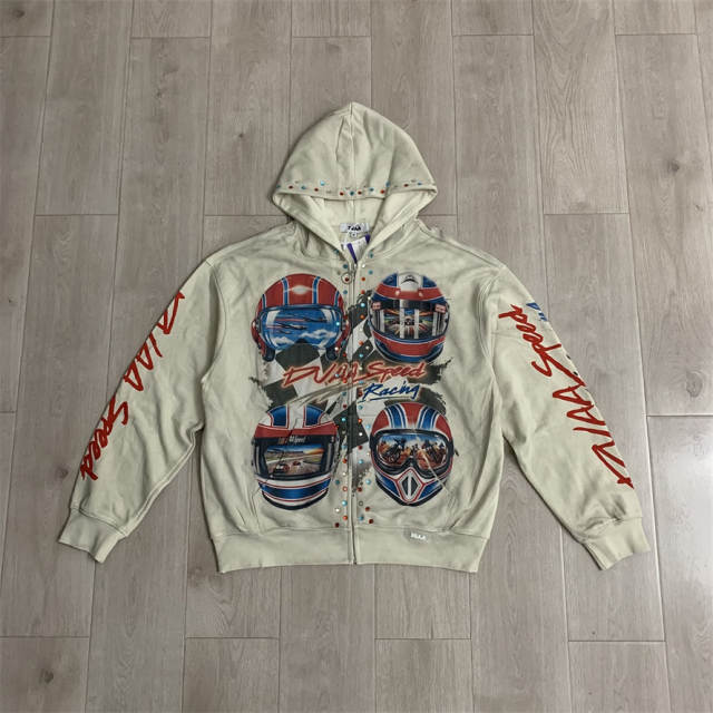 DUAA Beige Velocity Rhinestone Washed Distressed Hoodie