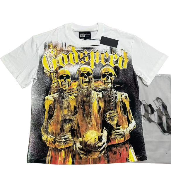 28474612 Golden Flame Basketball Team Skull Print Washed Version Tee 2 colors