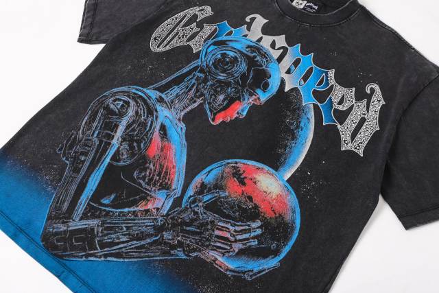 Cyber mechanical female robot planet black vintage short-sleeved T-shirt 29052448