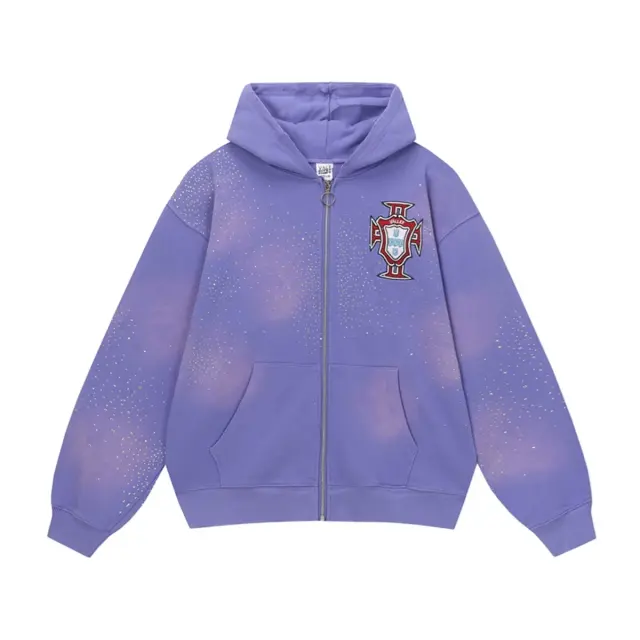 Vale Valley Letter Embroidered Rhinestone Cotton Zip-Up Hoodie