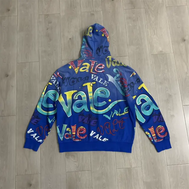 Vale Valley Allover Graffiti Rhinestone Distressed Zip-Up Hoodie