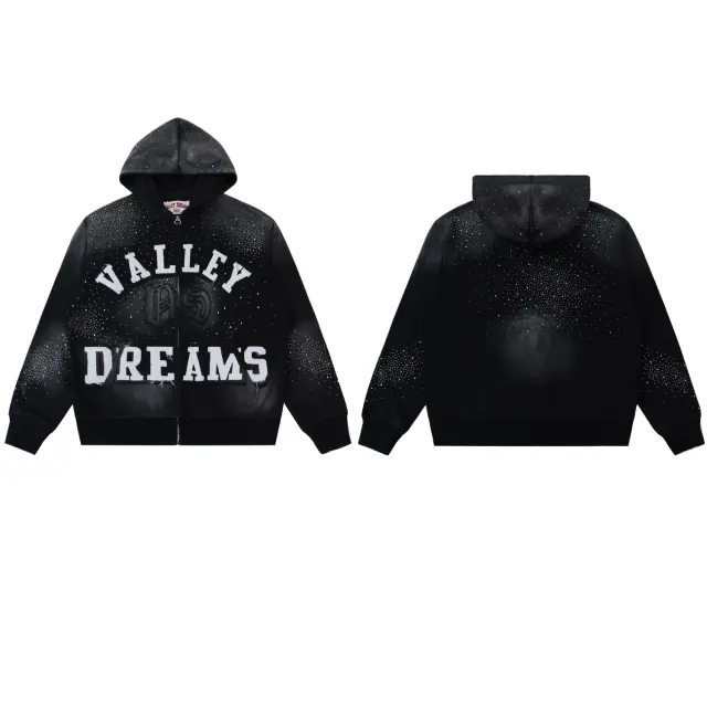 Vale Valley Vintage Rhinestone Letter Zip-Up Hoodie