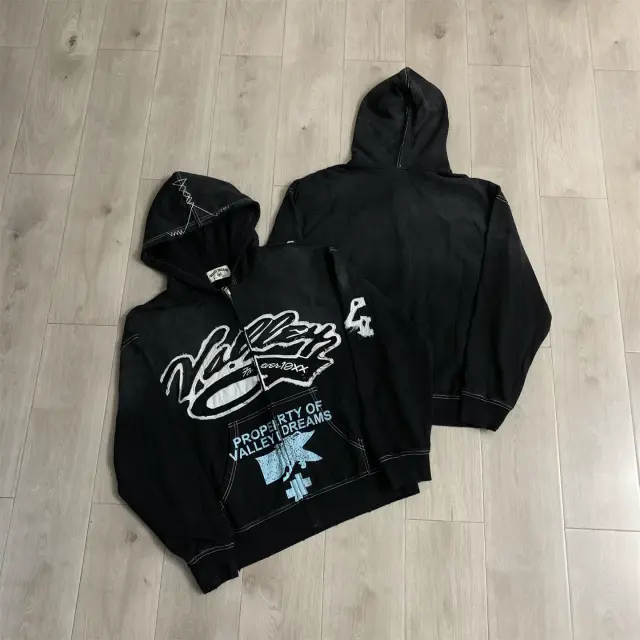 Vale Valley Vintage Letter Embroidered Zip-Up Hoodie