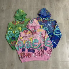 Vale Valley Allover Graffiti Rhinestone Distressed Zip-Up Hoodie