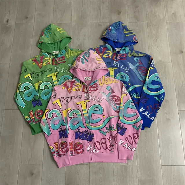 Vale Valley Allover Graffiti Rhinestone Distressed Zip-Up Hoodie