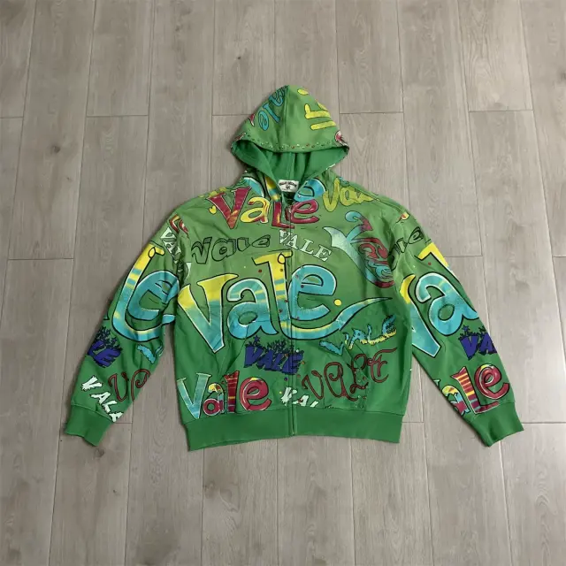 Vale Valley Allover Graffiti Rhinestone Distressed Zip-Up Hoodie