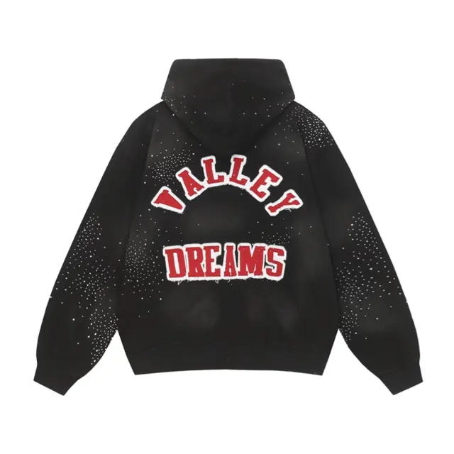 Vale Valley Letter Embroidered Rhinestone Cotton Zip-Up Hoodie