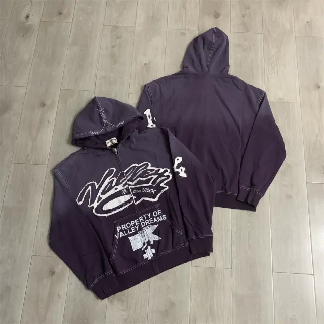 Vale Valley Vintage Letter Embroidered Zip-Up Hoodie