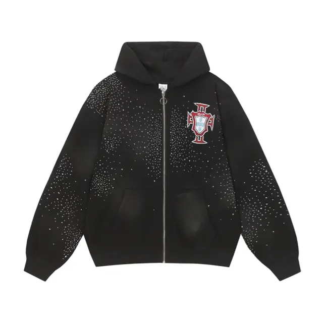 Vale Valley Letter Embroidered Rhinestone Cotton Zip-Up Hoodie